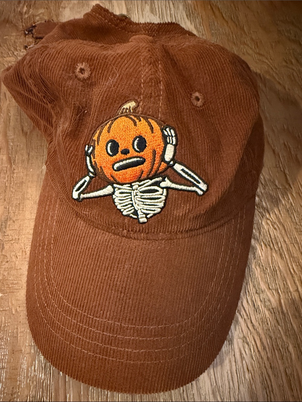 Kiel James Patrick Brown Corduroy Cap with Orange Pumpkin Skeleton Patch